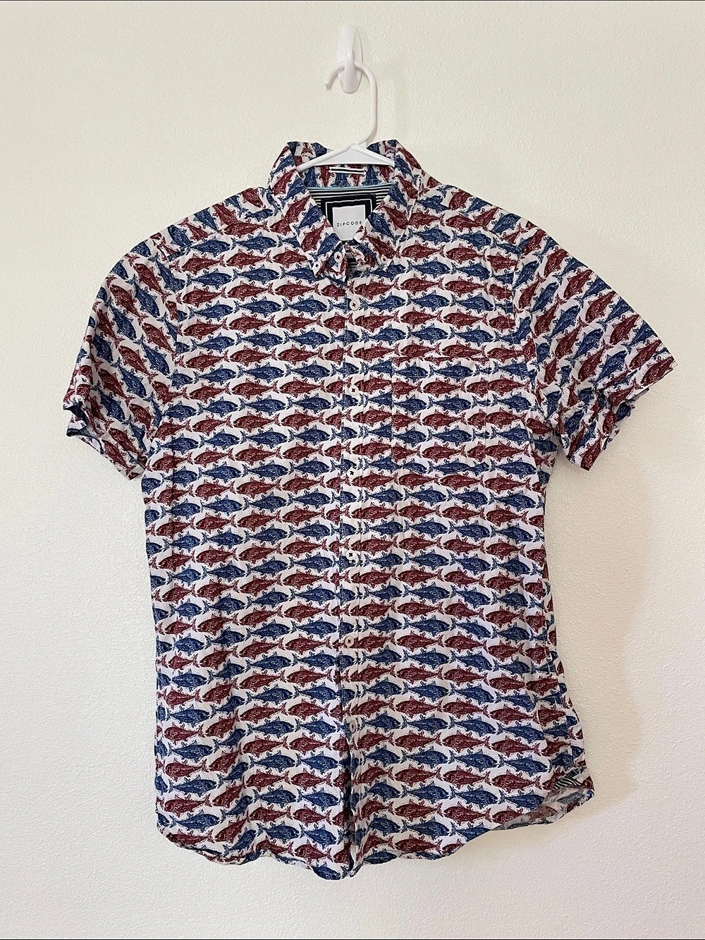 Zipcode Fish Print Button Down Shirt Blue & Red Size Large